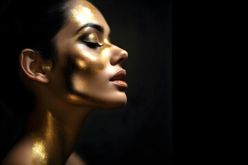 Fashion editorial Concept. Closeup portrait of stunning pretty woman with chiseled features, gold shiny glitter makeup. illuminated with dynamic composition and dramatic lighting. copy text space
