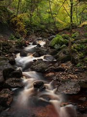 Beautiful Autumn landscape image of woodland and golden leaves and river running through deep valley below in Peak District National Park