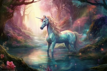 Obraz na płótnie Canvas Wallpaper Illustration Magical Unicorn in the Forest shining in bright pastel colors Generative Ai