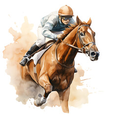 A jockey riding a horse watercolor painting. Generative ai. 