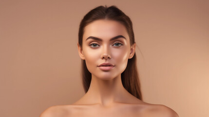 beautiful female model, space for copy text, skins are ad, smiling portrait, light background