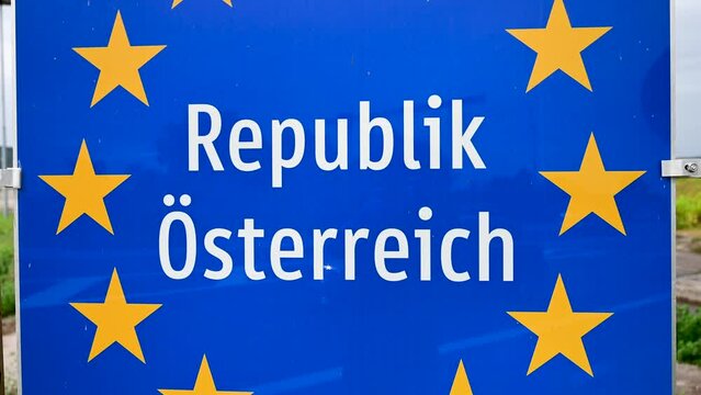 Sign at the entrance to Republic of Austria. The border between the Austria and Slovakia. Republik &Ouml;sterreich.