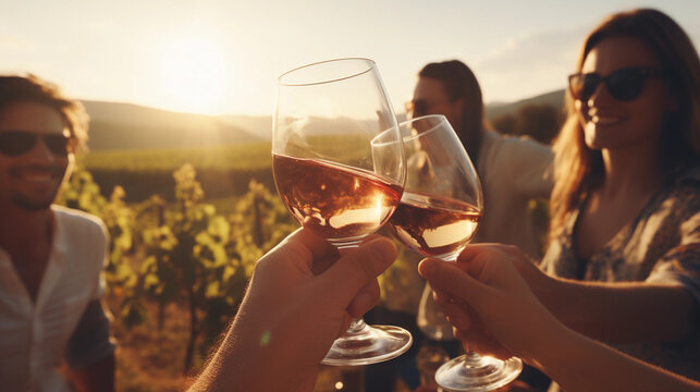 Image of friends drinking wine on a sunny day, beautiful landscape, friendship activity