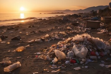 Garbage in sunset at the beach
