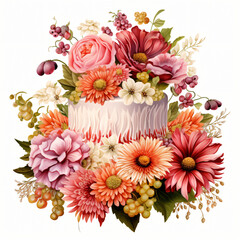 Floral Celebration Cake Clipart isolated on white background