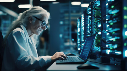 Portrait of female senior information technology specialist person in the dark with blue light data center server room background. - obrazy, fototapety, plakaty