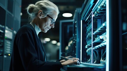 Fototapeta na wymiar Portrait of senior information technology specialist person in the dark with blue light data center server room background.