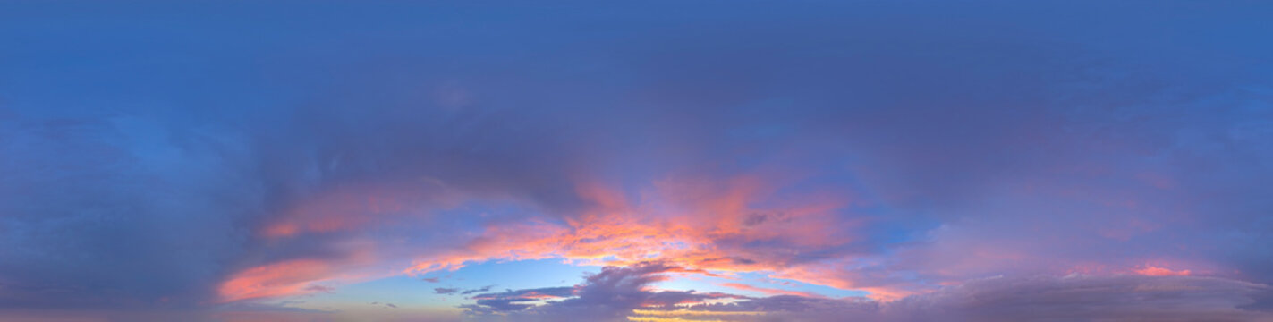 360 VR 2:1 equirectangular sunset sky background overlay. Ideal for 360 VR sky replacement. High quality 300 dpi, adobe rgb color profile