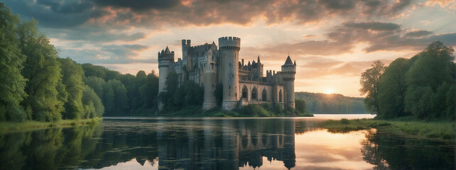 An old stone castle reflected in the lake against the backdrop of forest and cloudy sunset sky.