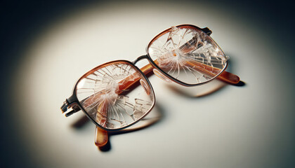 Close-up image of badly broken glasses with cracked lenses and bent frames, conveying destruction and loss
