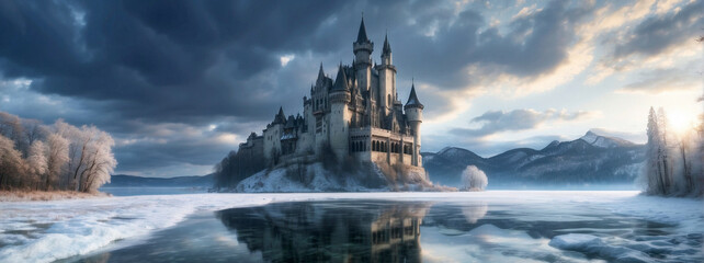 An old stone castle reflected in the lake against the backdrop of winter forest and cloudy sunset sky.