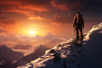 Fototapeta na wymiar A tourist walks through the snow-capped mountains against the backdrop of an incredible sunset. Hobby recreation, Beautiful snow-capped mountains. Landscape.