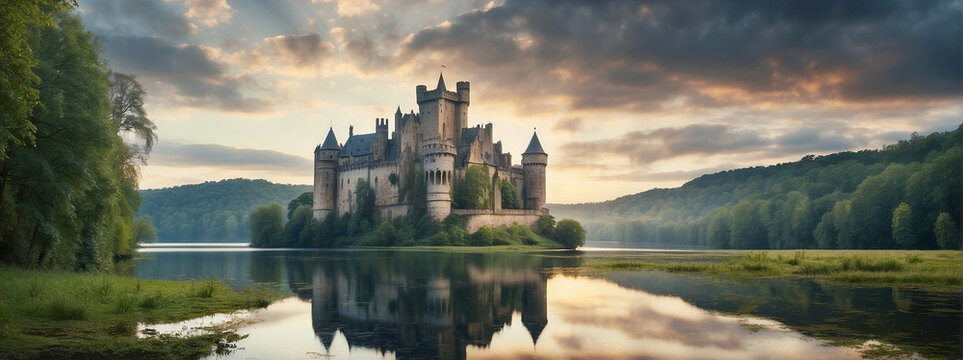 An old stone castle reflected in the lake against the backdrop of forest and cloudy sunset sky.