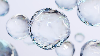 essential Oil Bubbles for cosmetics in water. blue liquid bubbles, fluid flow. Collagen, atoms floating, Moisturizing Cream, Skin Serum, Vitamin, beauty concept, 3d render 