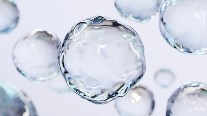 Foto op Plexiglas essential Oil Bubbles for cosmetics in water. blue liquid bubbles, fluid flow. Collagen, atoms floating, Moisturizing Cream, Skin Serum, Vitamin, beauty concept, 3d render  © MohammedElAmine