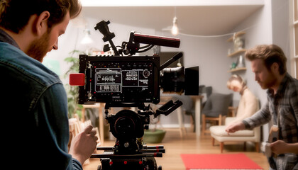 Fototapeta na wymiar Behind the scenes of movie shooting and working process. Camera, actors, crew. Filming