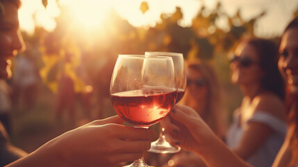 Image of friends drinking wine on a sunny day, beautiful landscape, friendship activity - obrazy, fototapety, plakaty