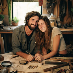 Fototapeta premium Upcycled Romance: Couples Crafting Personalized Eco-Friendly Gifts Together
