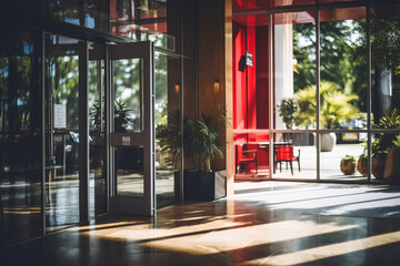 Shot of hotel entrance during sunny day