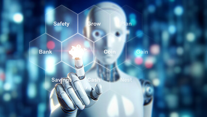 AI robot symbolizing financial growth, intelligent technology for saving and investment strategy,...