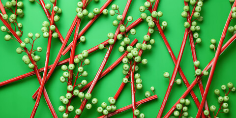 Green Berries on Vibrant Red Branches on Green Background