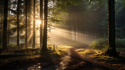 Forest and sunbeams passing through the trees