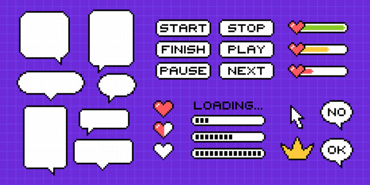 Clipart set of pixel elements in 8-bit style on a bright purple background. Dialog boxes of different shapes and sizes, loading lines, life icons, crown, pointer and buttons.