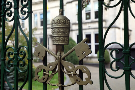 The Vatican&rsquo;s coat of arms, on the gate of the Vatican&rsquo;s embassy in the UK &ndash; officially the Apostolic Nunciature to Great Britain, in Wimbledon, London