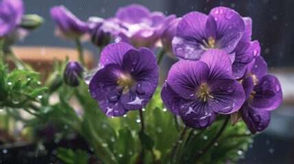 Beautiful purple buttercup flowers with water drops on a dark background. Mother's day concept with a space for a text. Valentine day concept with a copy space.