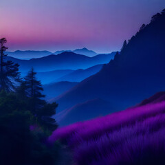A serene landscape photo background displaying a gradient of mountainous purples shifting into twilight blues.