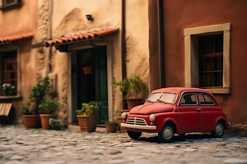 An old Italian house with a small subcompact old red car