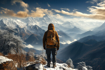 back of male tourist climber on top of mountain with snow on a hike in winter