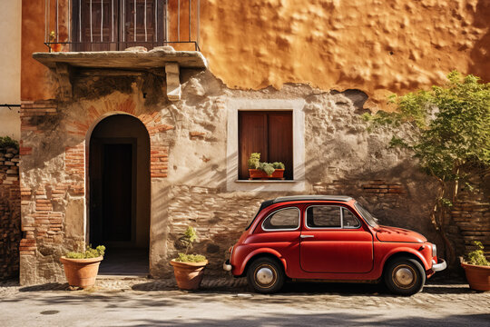 Fototapeta An old Italian house with a small subcompact old red car