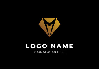 Logo M and Diamond Gold Shape, Elegance Modern Luxury and Minimalist. Editable File