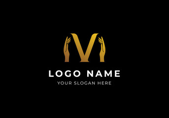 Logo M V and 2 Hands Gold  Modern Minimalist and Luxury Logo Design. Editable File - obrazy, fototapety, plakaty