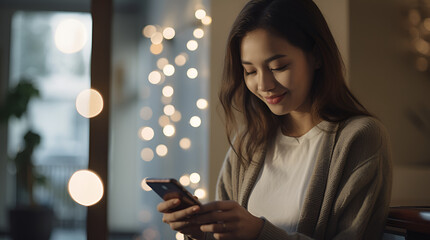 Portrait of a young woman smiling while using a smartphone at home in the background of Christmas lights, bokeh effect
