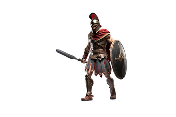 Spartan warrior with sword and shield isolated on white transparent background, ancient Greek military, strong soldier in armor and helmet
