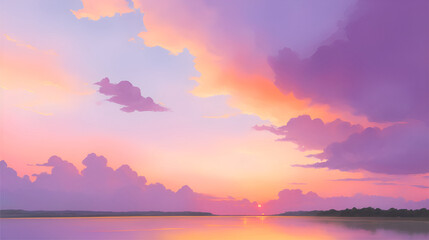 Fototapeta premium This painting depicts a beautiful sunset over a tranquil lake. The sky is a deep purple and orange, and the water is a calm blue.