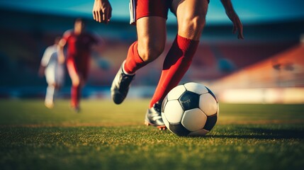 Fototapeta premium Close Up Football or Soccer Player Foot Playing With the Ball in Stadium. generative AI