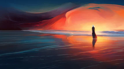 Foto op Plexiglas Silhouette of lonely woman walking by seashore at sunset evokes sense of romantic serenity and solitude, sense of sentimental melancholy and beauty of solitude, post breakup life © TRAVELARIUM