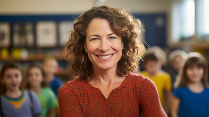 Portrait of middle aged female teacher smiles with arms crossed in classroom full of children, woman teacher embodies competence and success in teaching, creating positive atmosphere - obrazy, fototapety, plakaty