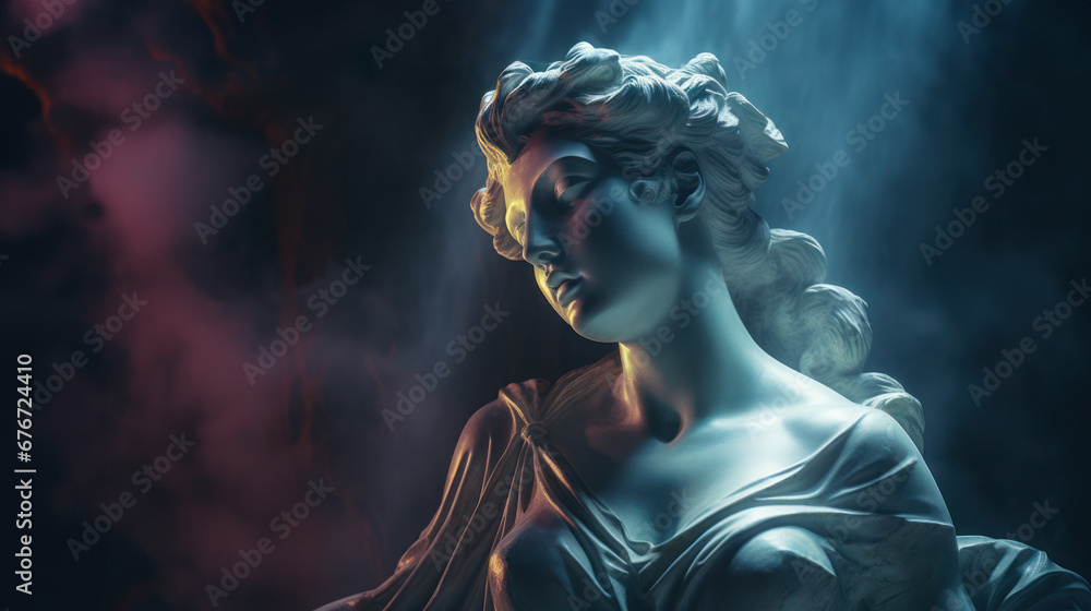 Wall mural ancient antique statue of female person in mystical neon glow haze, gloomy dark background, beautifu