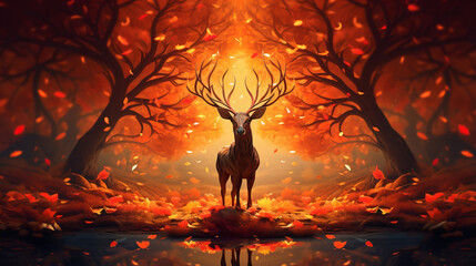 Graceful deer amidst vibrant autumn forest painted in shades of orange and golden hues, autumn symbol of changing seasons and the forest enduring spirit in serene ambiance of enchanting forest - obrazy, fototapety, plakaty