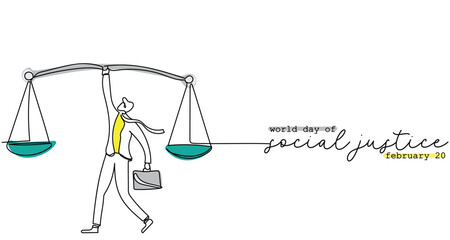 World day of social justice observed every year on february 20. Continuous line art poster design. Social protection for down trodden sector of society. Justice balance scale and hammer. vector art.