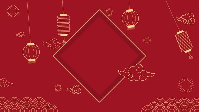 Animation of Happy chinese new year with flower, lantern, asian elements gold on Red Background.