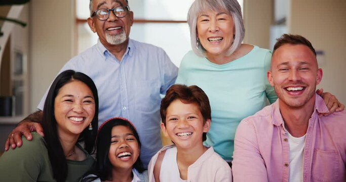Love, smile and happy with a blended family in their home together for bonding during a weekend visit. Portrait, laughing or funny with kids, parents and grandparents on the stairs of an apartment