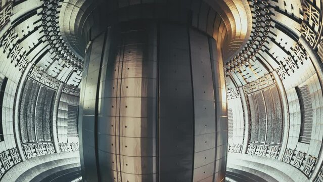 Inside of a fusion reactor. ITER, International fusion reactor, tokamak. Nuclear fusion, clean energy concept. Sci-fi, science fiction. Future of energy. High quality 4k cinematic animation. 