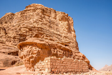 View at the ruins of Lawrence house in Wadi Rum desert valley, Jordan