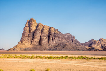 View at the Seven Pillars of Wisdom rock formation in Wadi Rum valley - Jordan