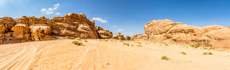 Panoramic view at the rock formation in Wadi Rum desert valley - Jordan